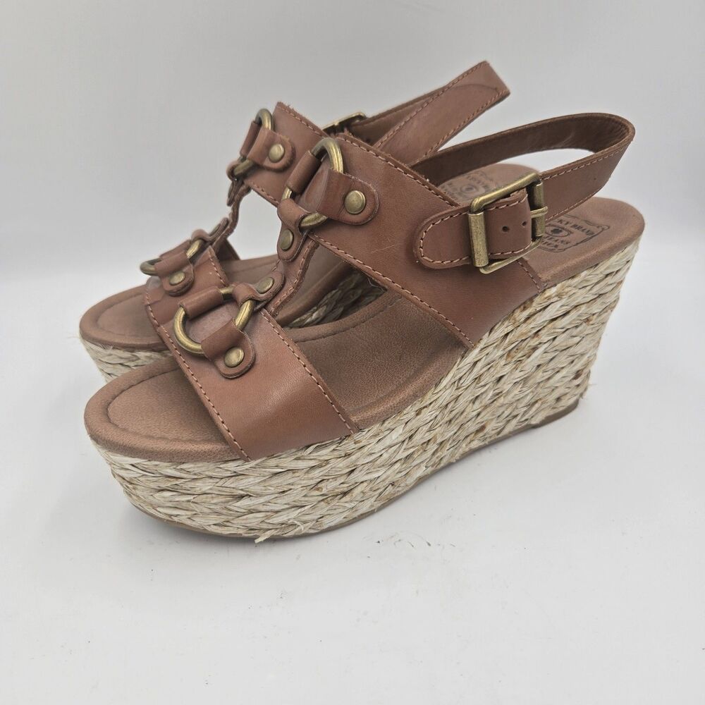 LUCKY BRAND REBA Leather Designer Espadrille Wedge Platform Sandals Size 8.5 M
